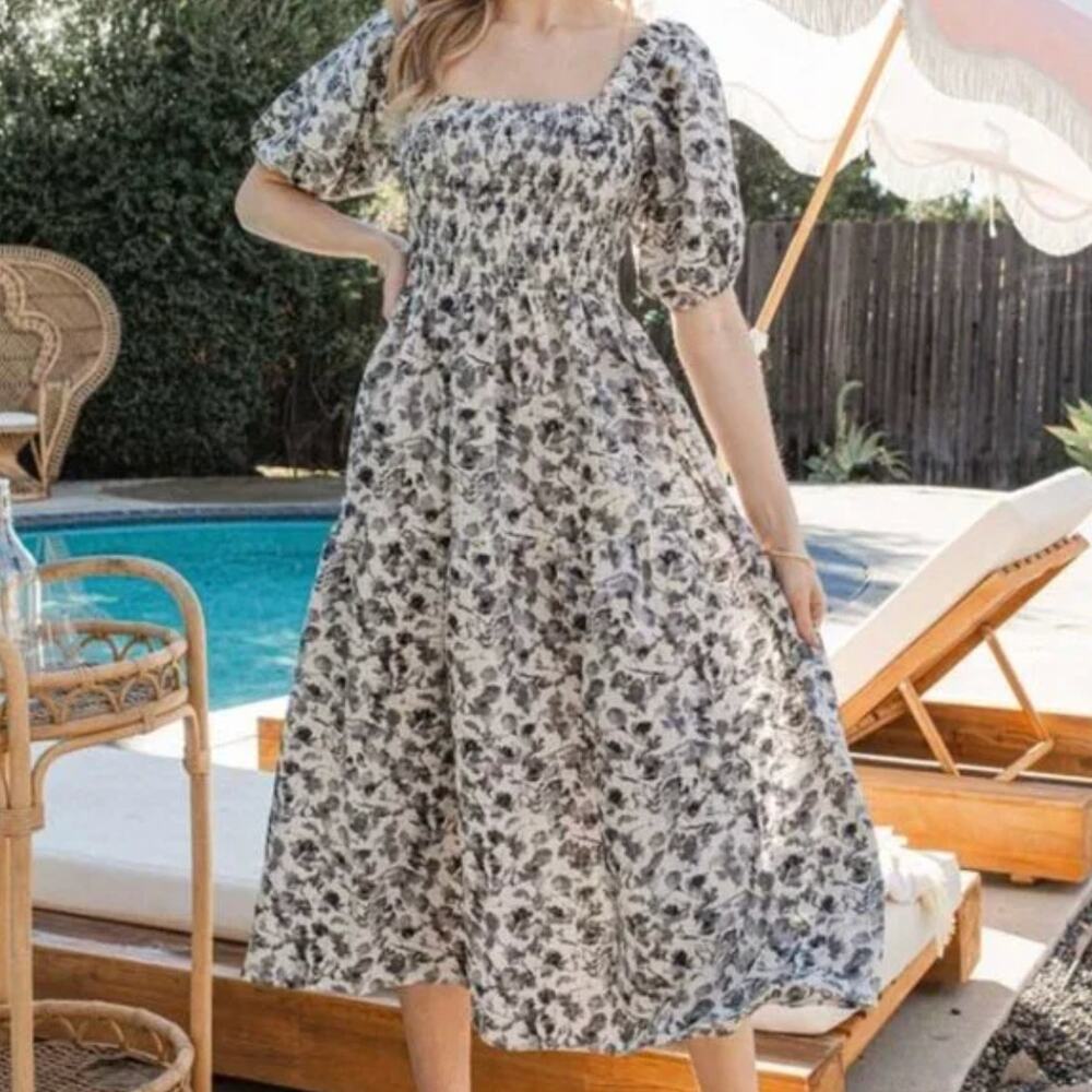 ODDI Floral Smocked Puff Sleeve Square Neck Maxi Dress Gray White